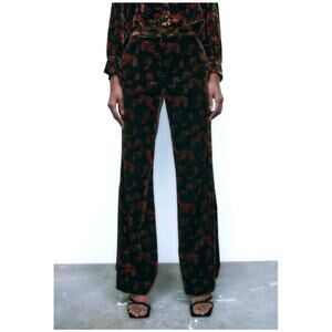 Zara high waist red and green floral velvet wide leg pants